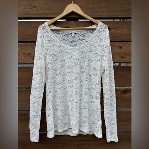 Express Women’s Lace Fitted Long Sleeve Scoop Neck Ivory Blouse